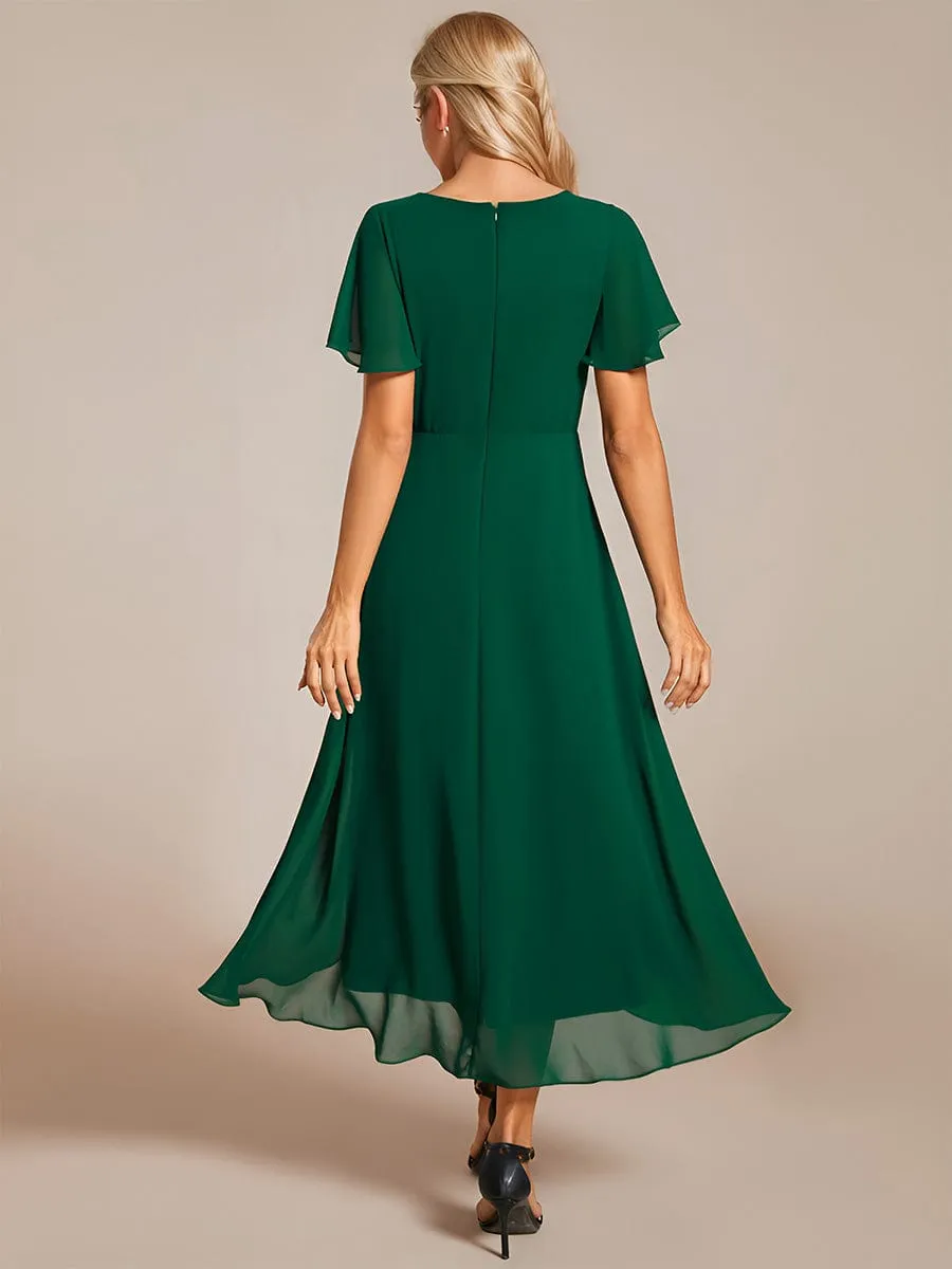 Lana | Pleated Chiffon Ruffles Sleeve Midi Bridesmaid Dress