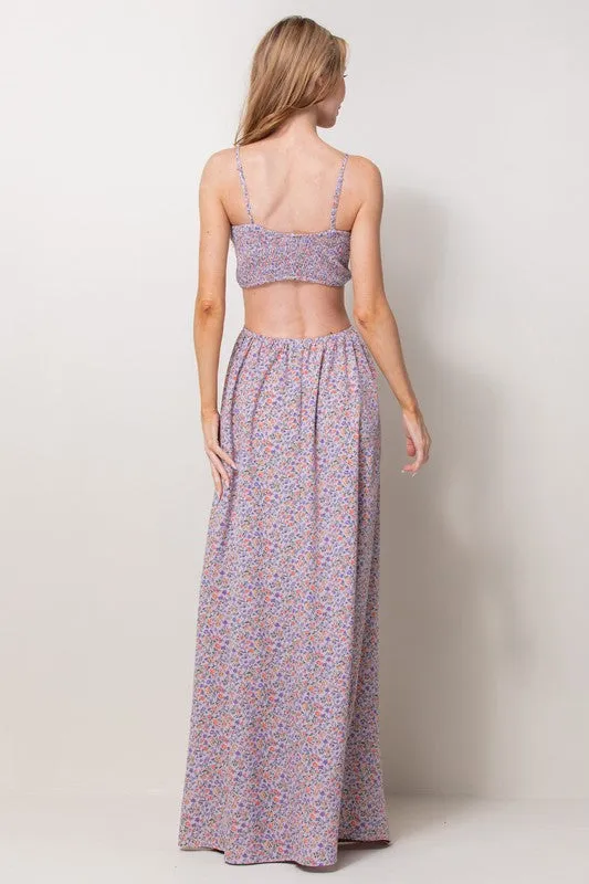 Lavender Smocked Bodice Cut Out Maxi Dress