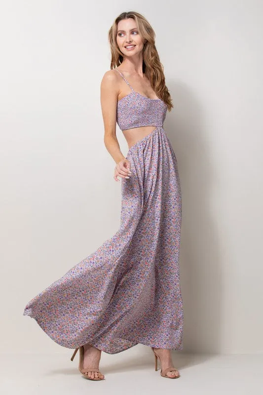 Lavender Smocked Bodice Cut Out Maxi Dress