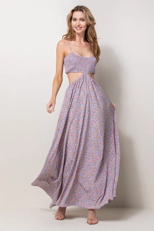 Lavender Smocked Bodice Cut Out Maxi Dress