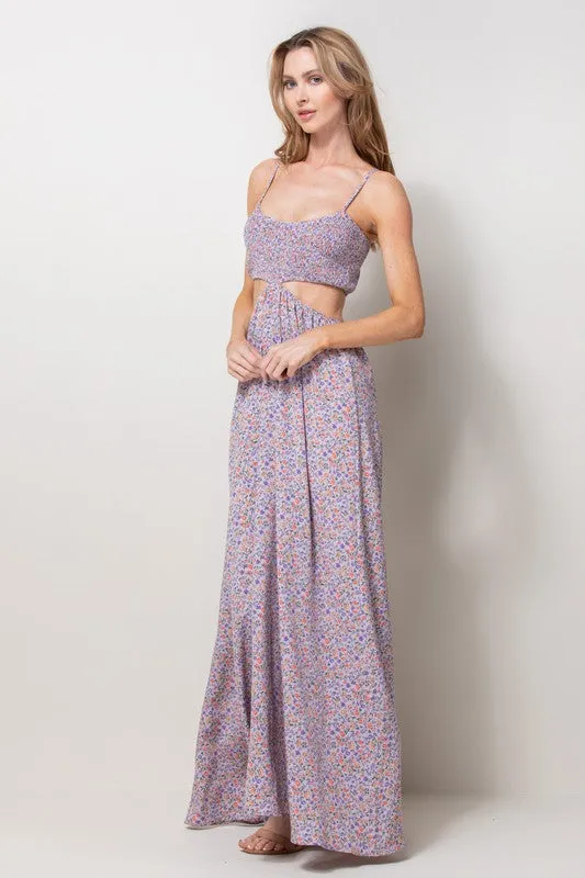 Lavender Smocked Bodice Cut Out Maxi Dress