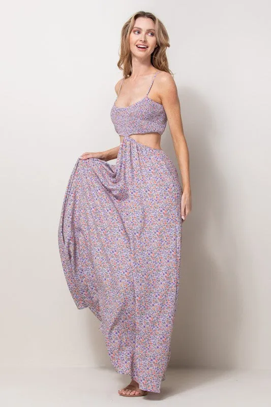 Lavender Smocked Bodice Cut Out Maxi Dress