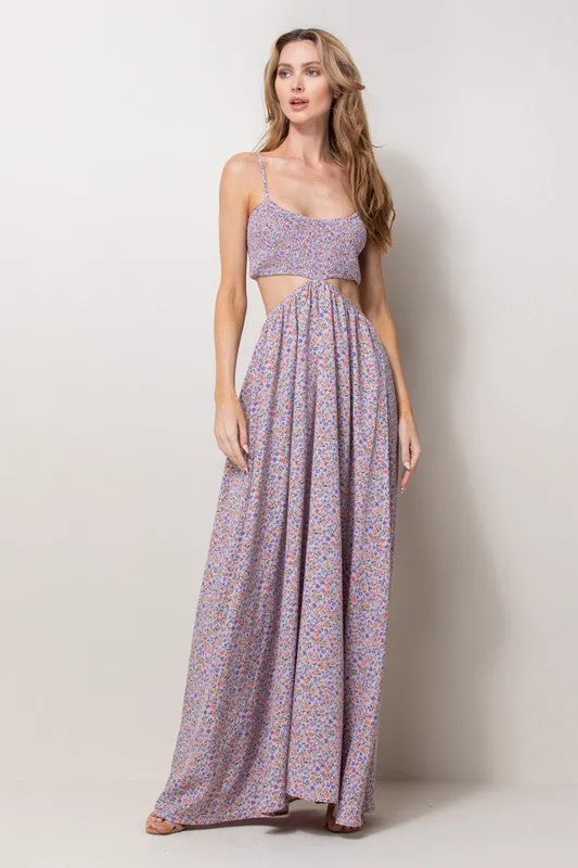 Lavender Smocked Bodice Cut Out Maxi Dress