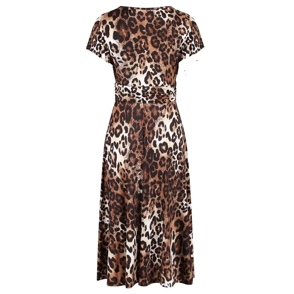 Leopard Print Cap Sleeve Crossover V Neck Wrap Top Swing Dress