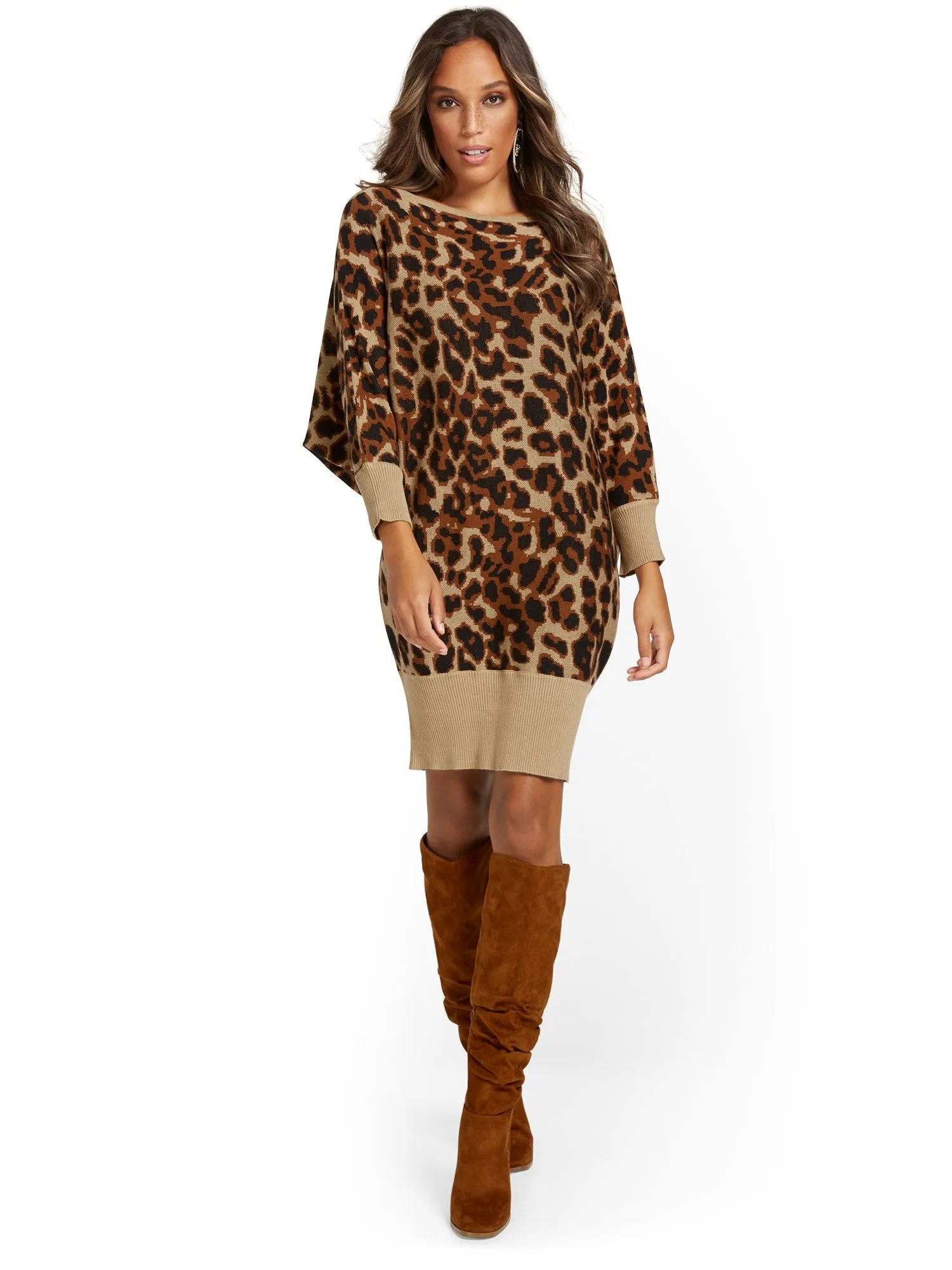 Leopard-Print Dolman Sweater Dress