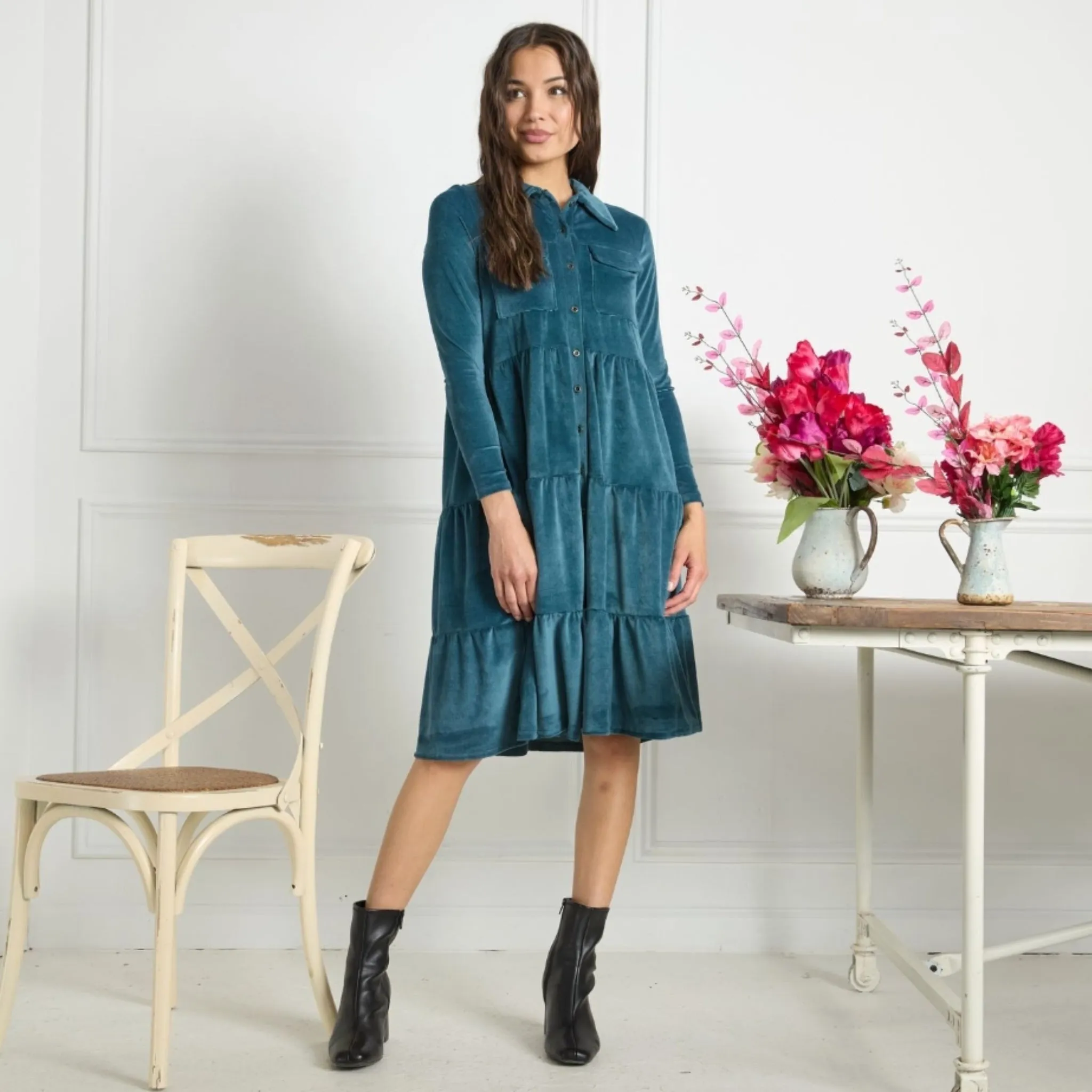 Libby Dress Teal Ribbed Velour