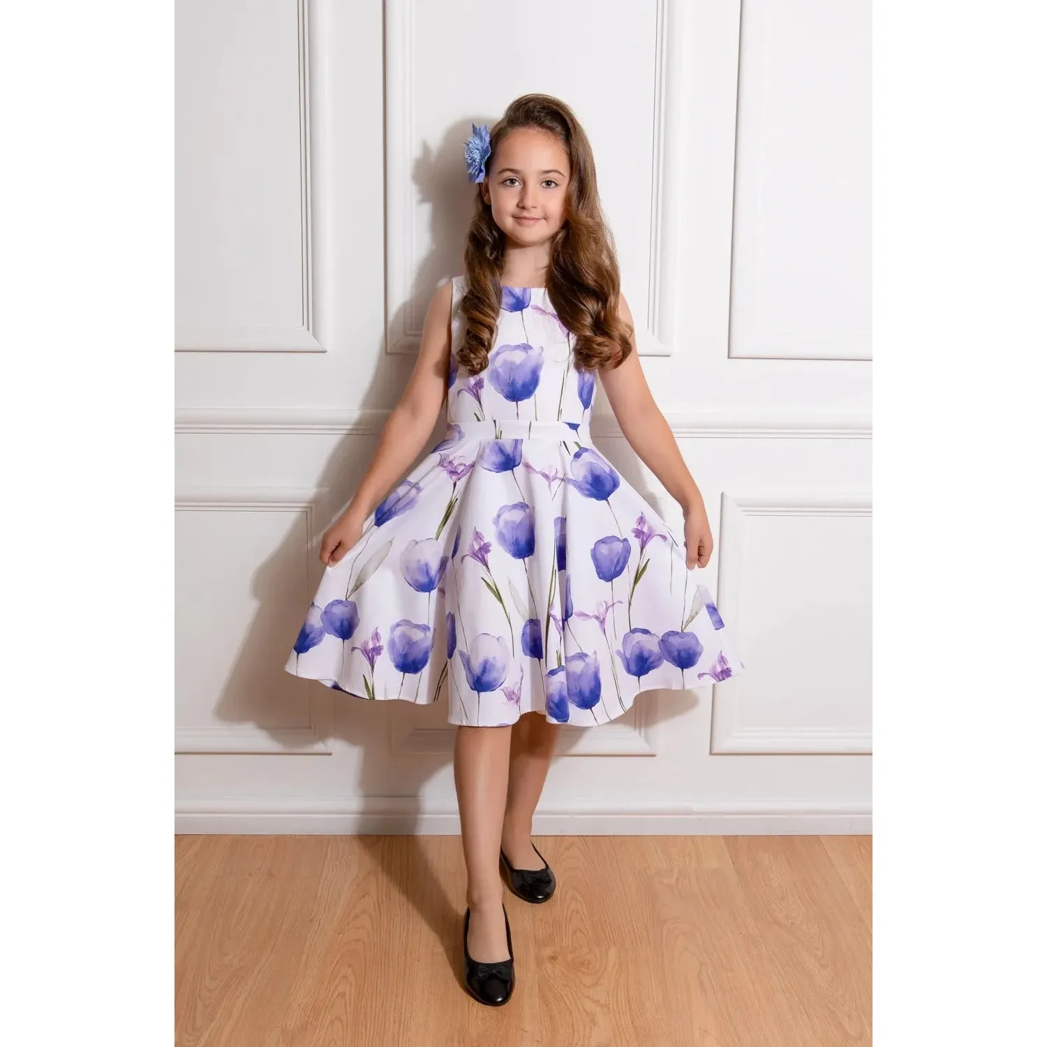 Little Kitty Girls' Blue Tulips Swing Dress