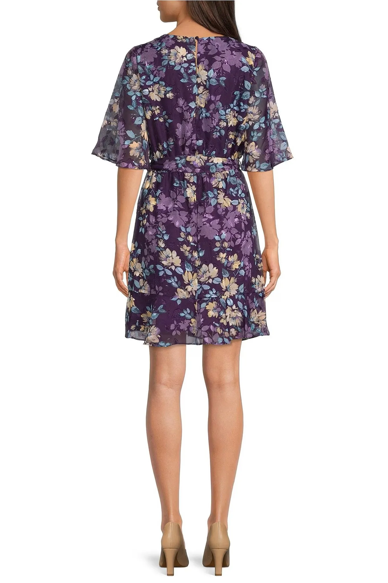 London Times Crew Neck Short Sleeve Tie Waist Floral Chiffon Dress