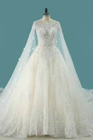 Luxurious Scoop Wedding Dresses A Line Tulle With Appliques And Beading Royal Train