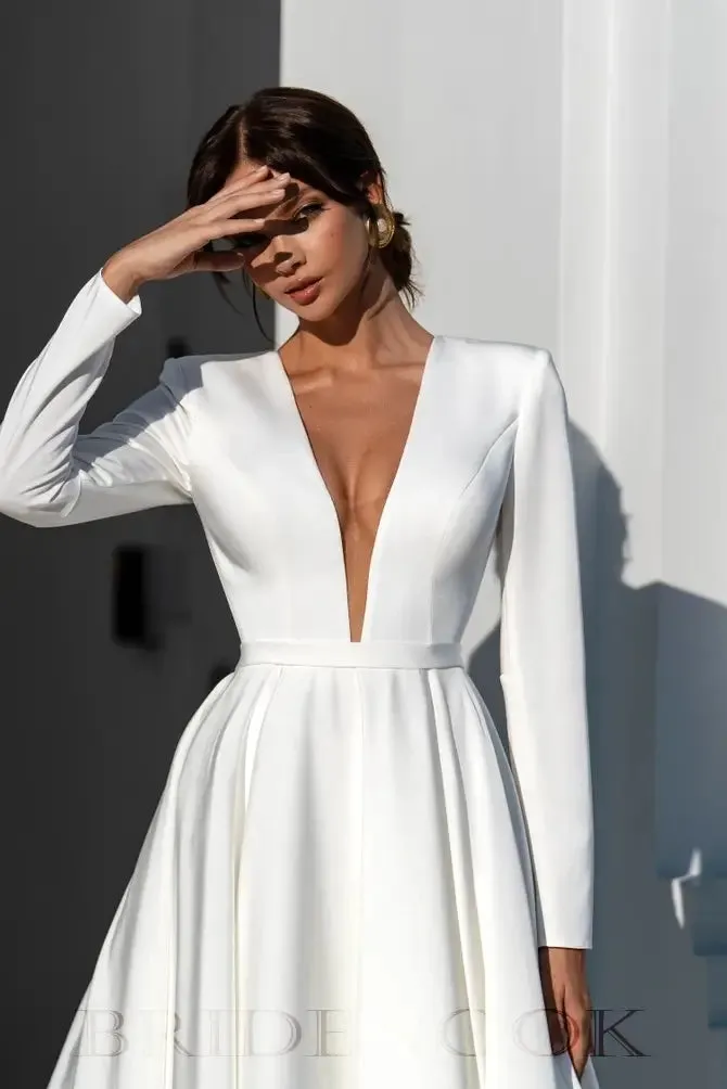 Luxury Long Sleeves A Line Wedding Dress With Plunging Neck