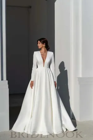 Luxury Long Sleeves A Line Wedding Dress With Plunging Neck