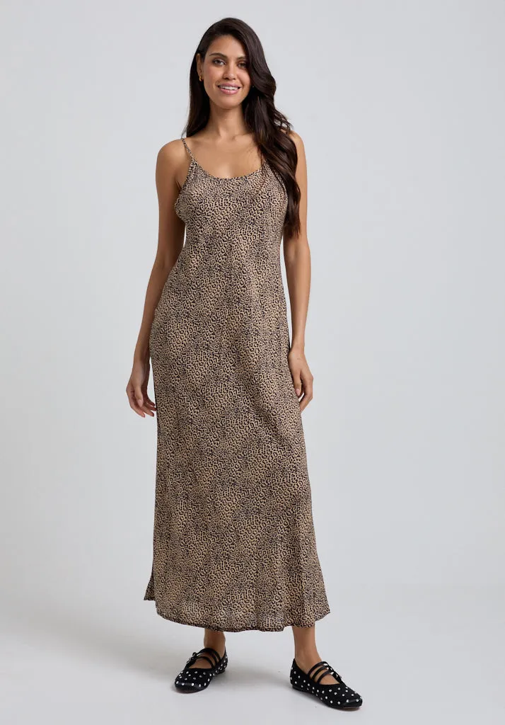 Margot Ruffle Neck Leopard Print Maxi Dress In Brown