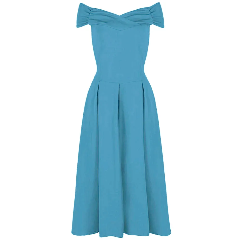 Mid Blue Crossover Vintage Bardot 50s Swing Dress