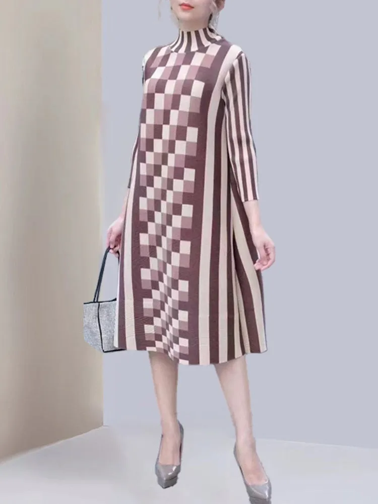 Miyake Pleated Plaid O-Neck Midi Dress