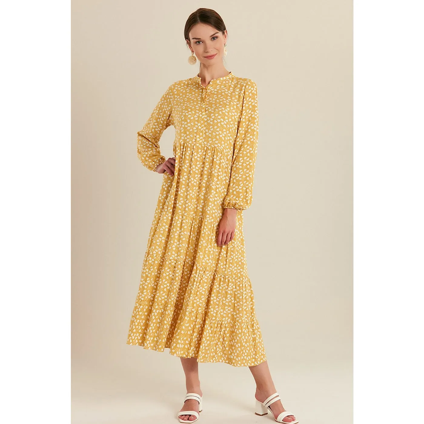 Mustard Heart Patterned Long Dress