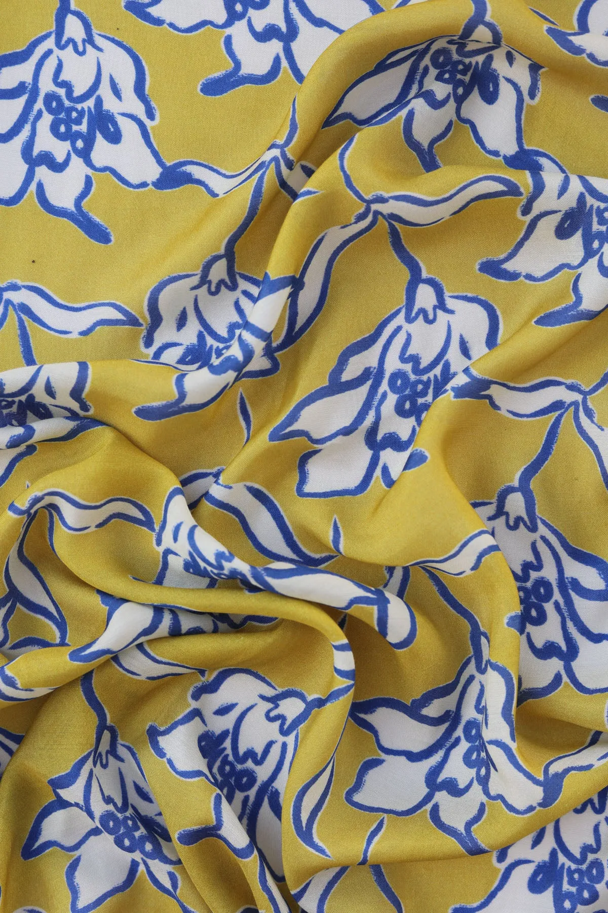 Mustard Off White Floral Pattern Printed Natural Muslin Silk Fabric