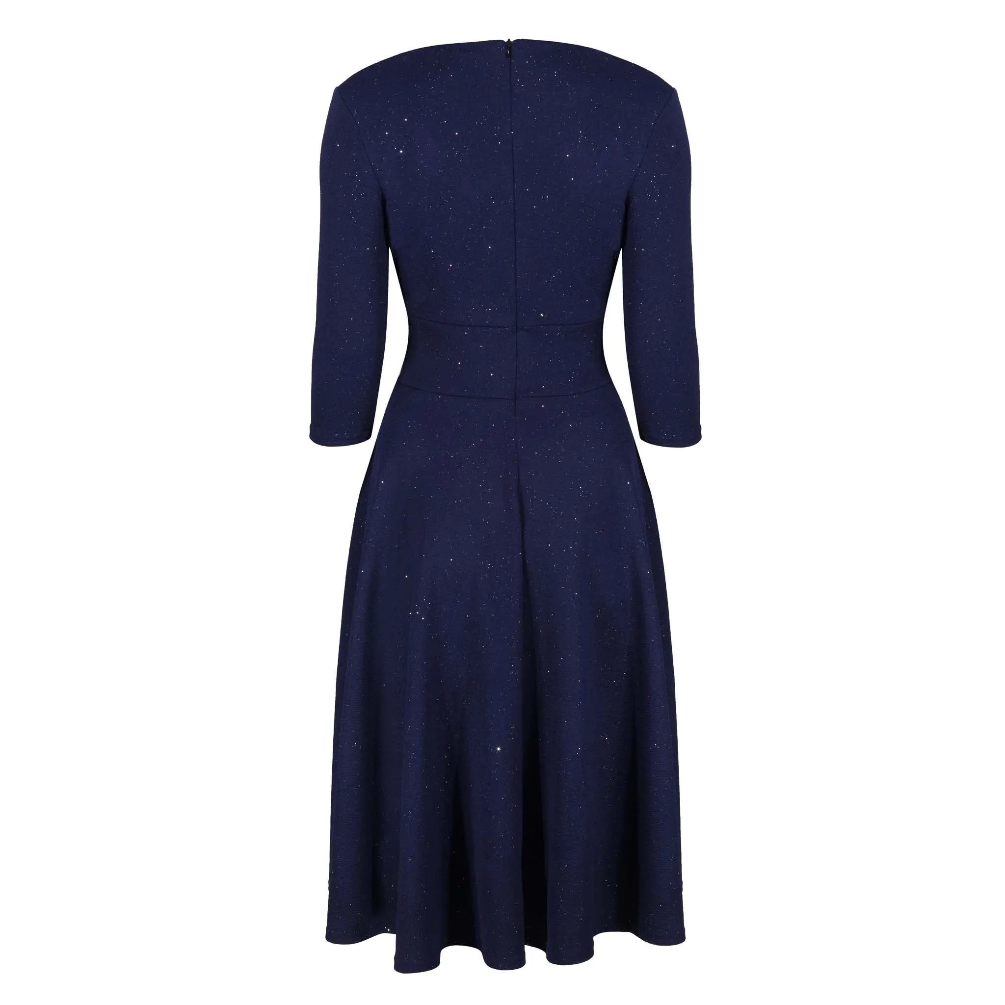 Navy Blue Silver Glitter Vintage A Line Crossover 3/4 Sleeve Tea Swing Dress