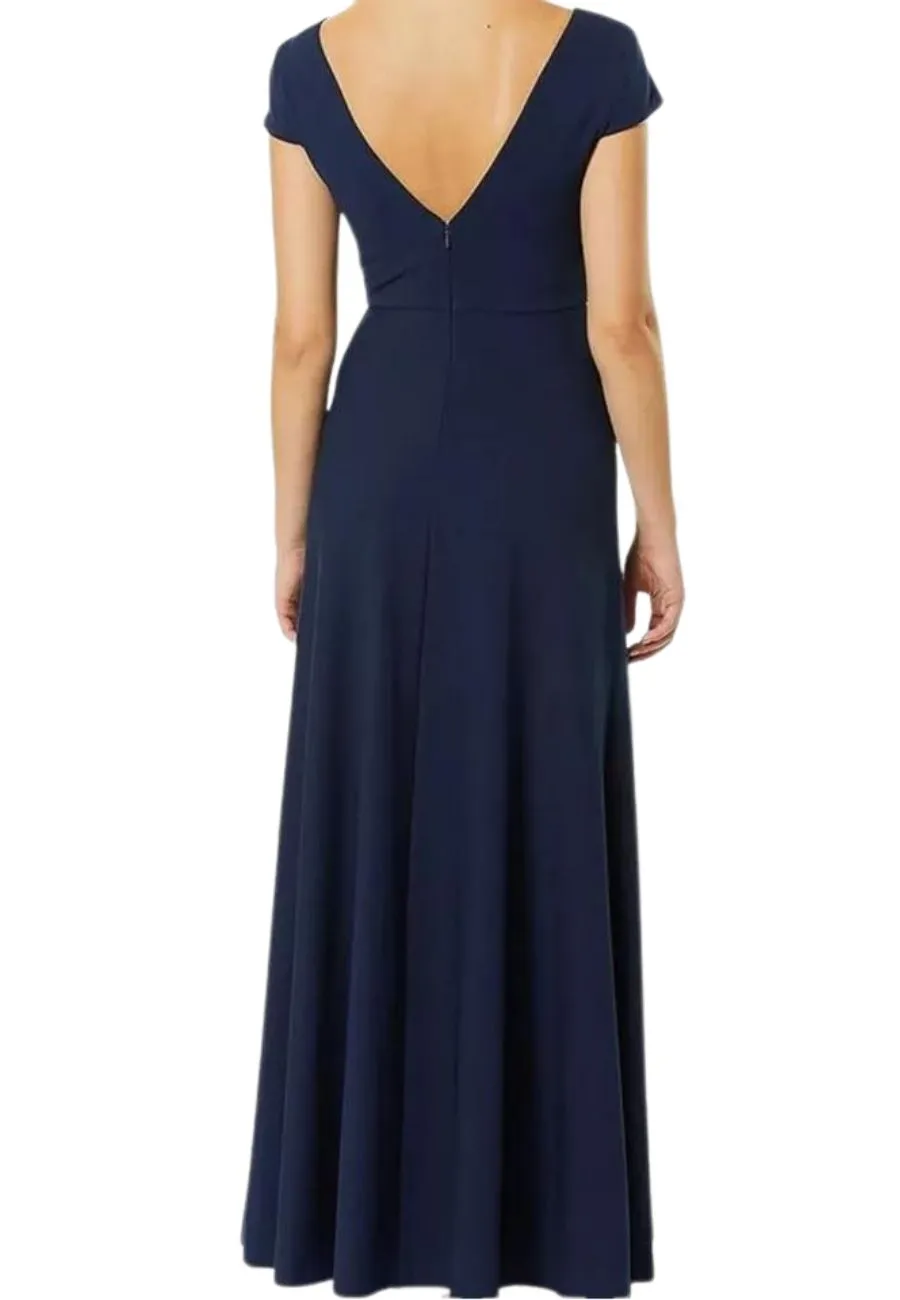 Navy Cara Cap Sleeves Plunging Mesh Gown