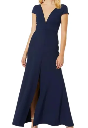 Navy Cara Cap Sleeves Plunging Mesh Gown