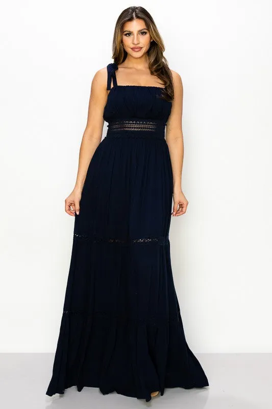 Navy Maxi Dress Gauze Crinkle Tie Detail Strap