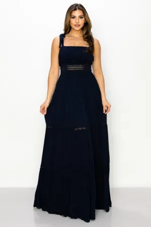 Navy Maxi Dress Gauze Crinkle Tie Detail Strap