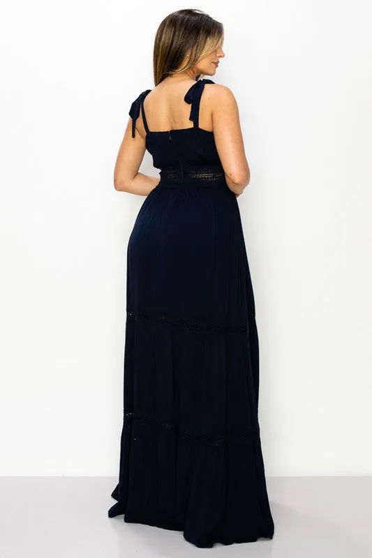 Navy Maxi Dress Gauze Crinkle Tie Detail Strap