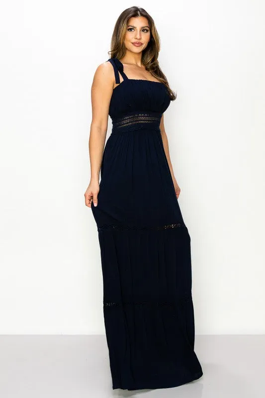 Navy Maxi Dress Gauze Crinkle Tie Detail Strap