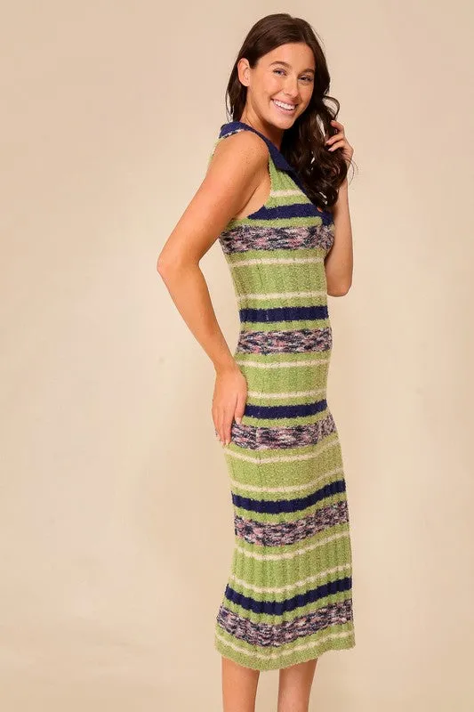 Navy Multi Mixed Stripe Sleeveless Midi Knit Dress