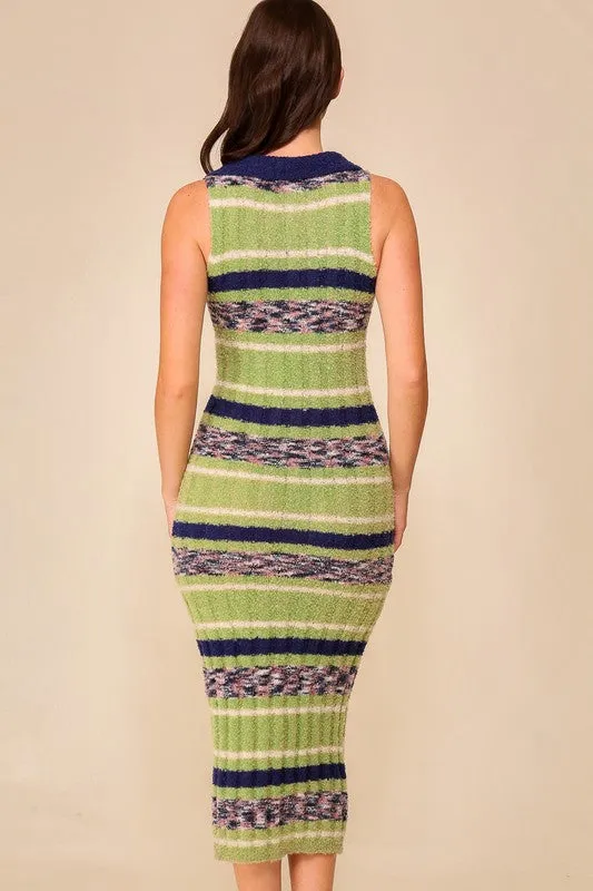 Navy Multi Mixed Stripe Sleeveless Midi Knit Dress