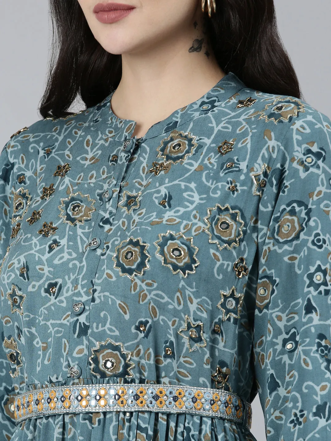 Neeru's Blue Straight Casual Floral Dresses