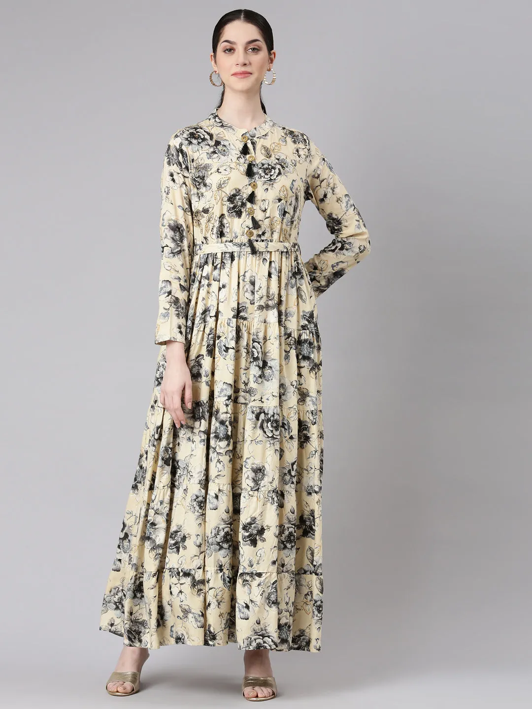 Neerus Cream Floral Printed Maxi Dresses