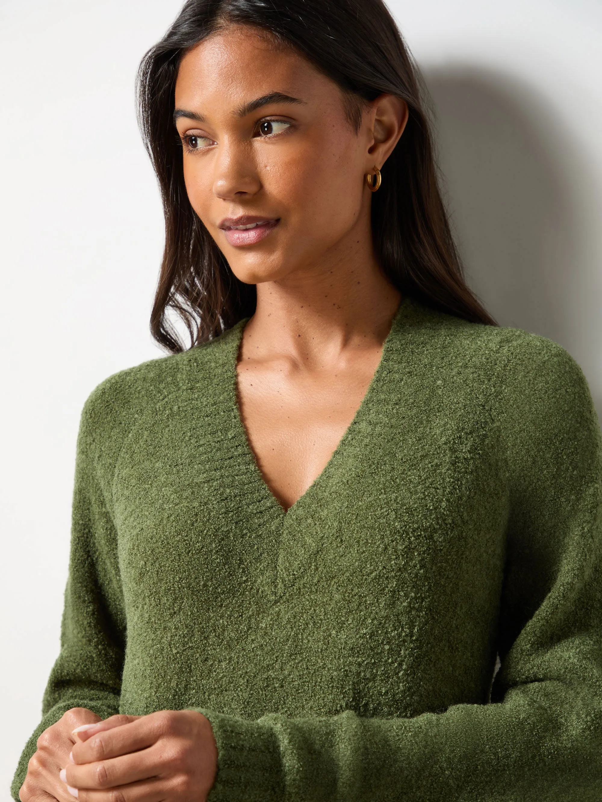 Olive V-Neck Textured Knit Dress