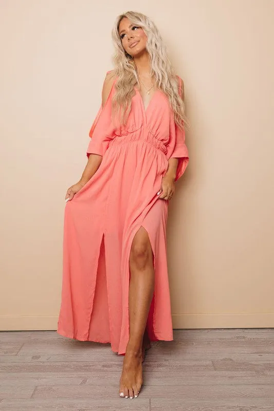 Orange Cold Shoulder Side Slit Backless V Neck Maxi Dress