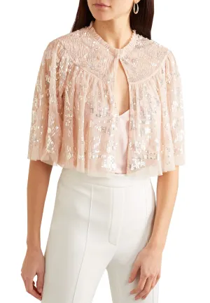 Pink Cropped Sequins Tulle Cape Jacket