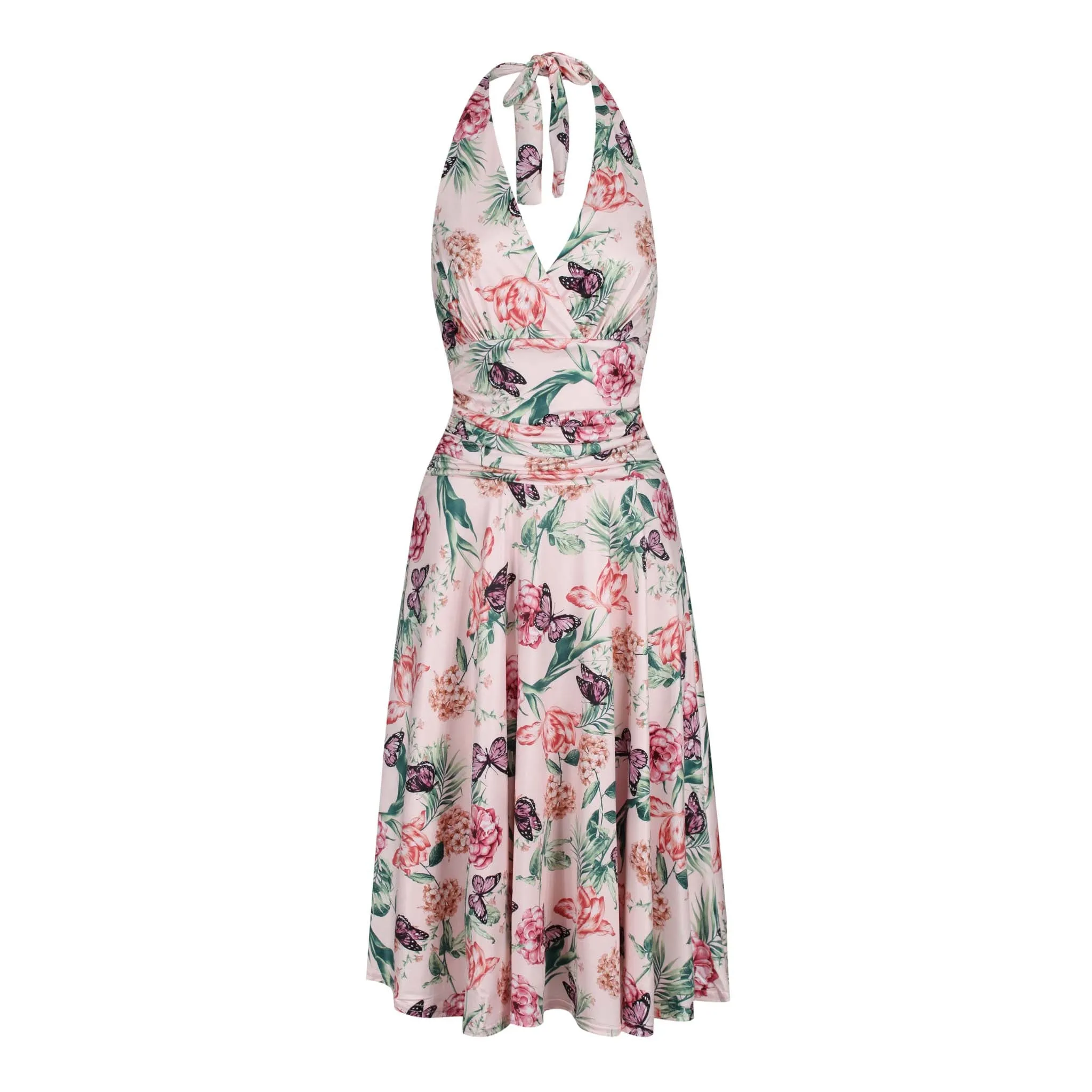 Pink Floral Butterfly Print Halterneck Grecian Summer Dress