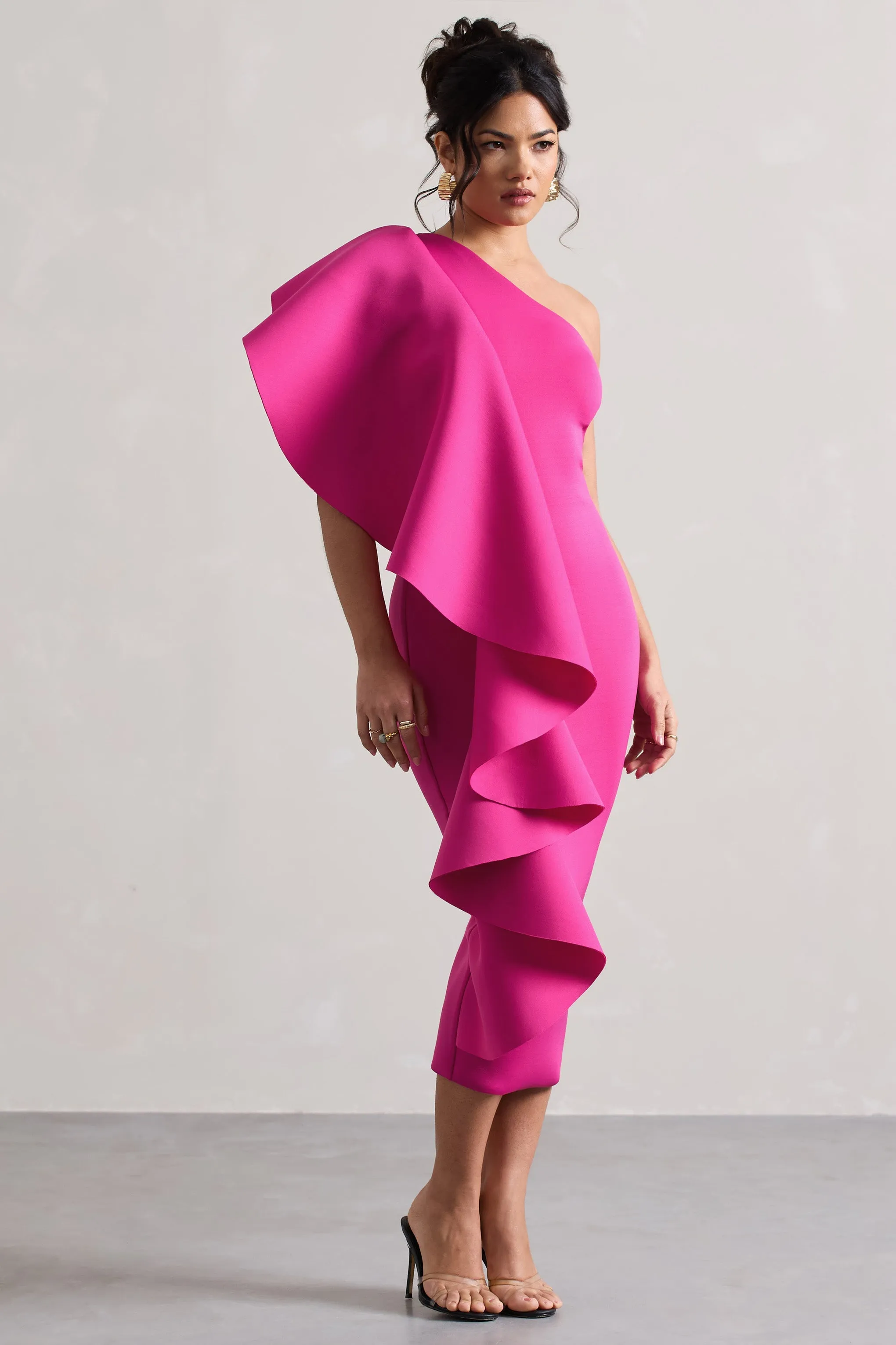 Polo | Dark Pink One Shoulder Bodycon Midi Dress With Ruffle