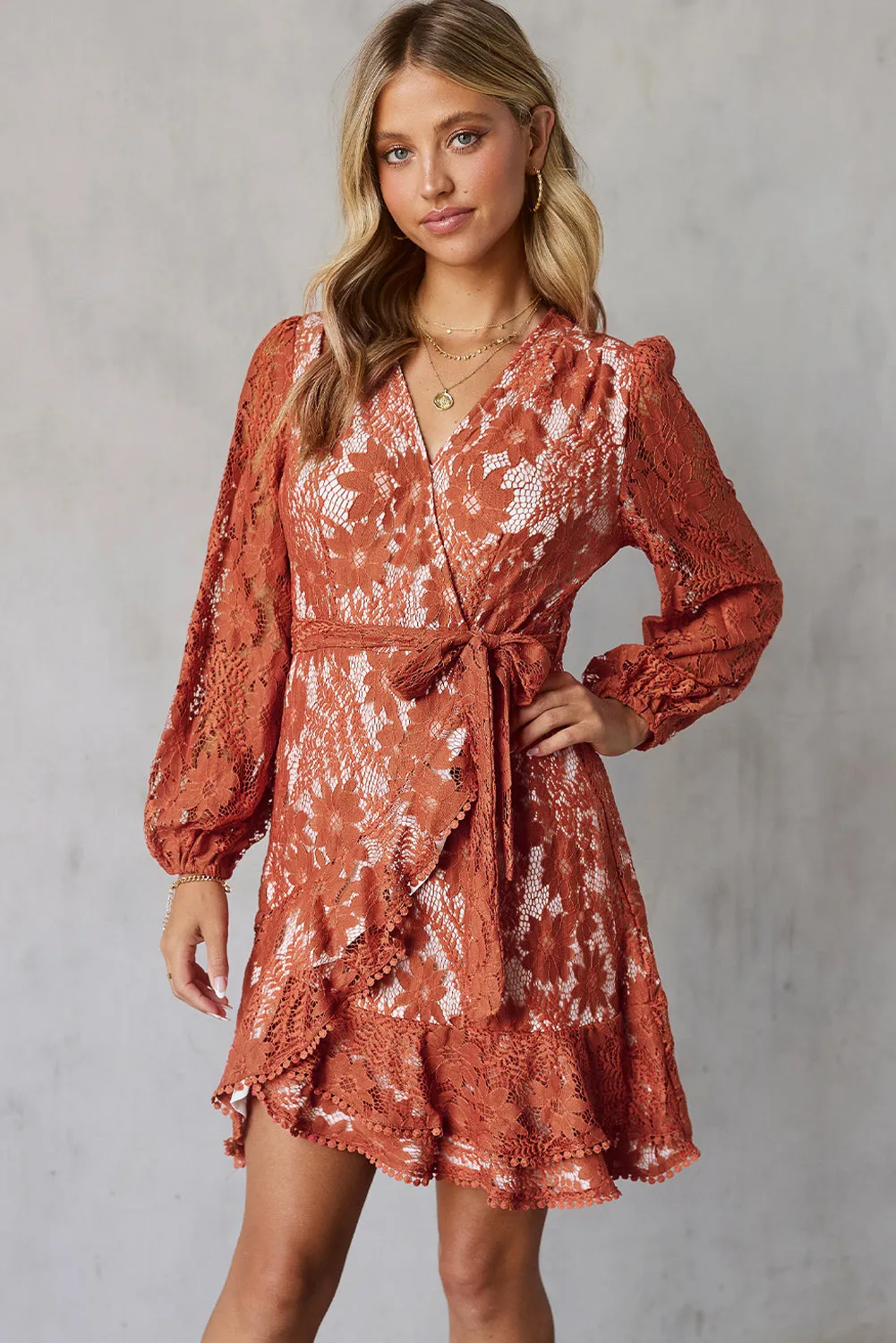 Pompom Trim Puff Sleeve Belted Lace Dress