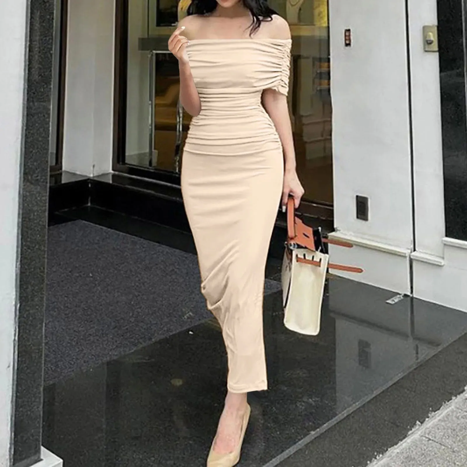 Princess Nightclub Party Strapless Short Sleeve Summer Ruched Bodycon Casual Elegant Dress