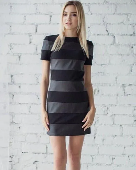 PU leather stitching stripes slim dress