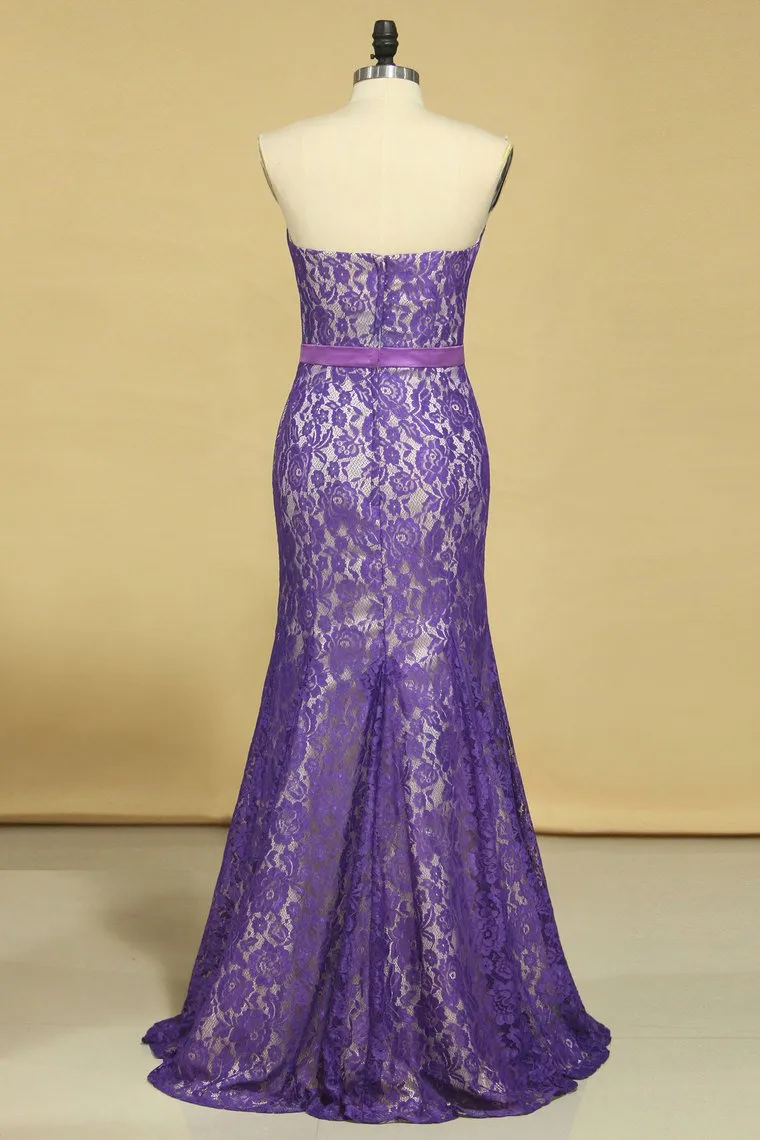 Purple Strapless Prom Dresses Mermaid Floor Length With Trumpet Lace Skirt