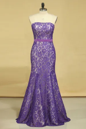 Purple Strapless Prom Dresses Mermaid Floor Length With Trumpet Lace Skirt