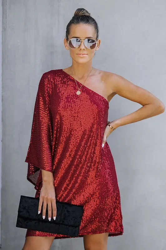 Red Sparkle One Shoulder Statement Dress