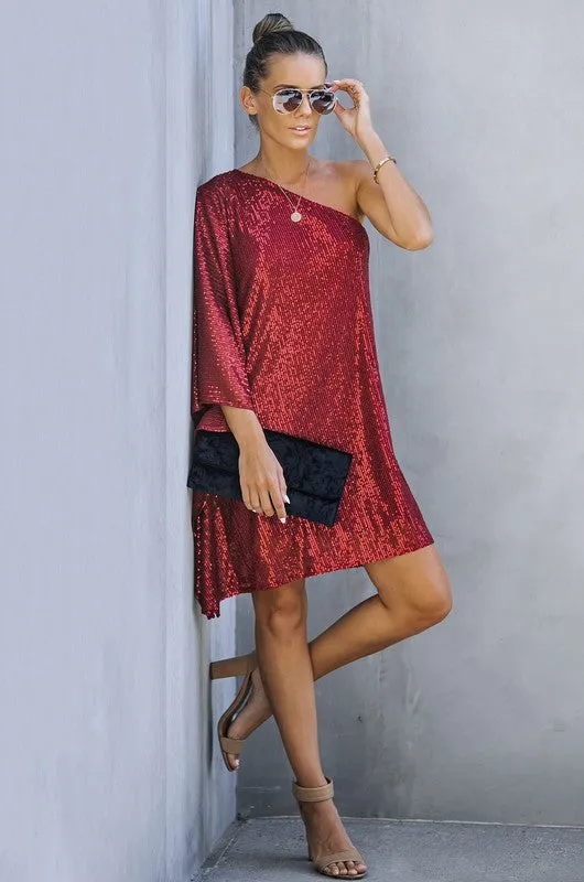 Red Sparkle One Shoulder Statement Dress