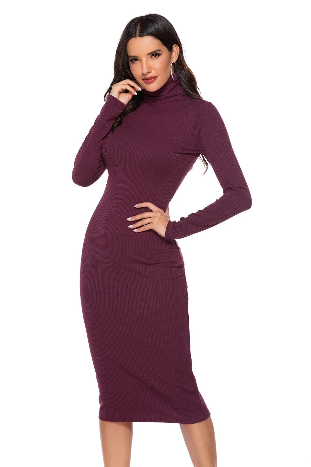 Ribbed Turtleneck Long Sleeve Casual Shirt Dress New Women's Fashion Tight Slim Fit Dress