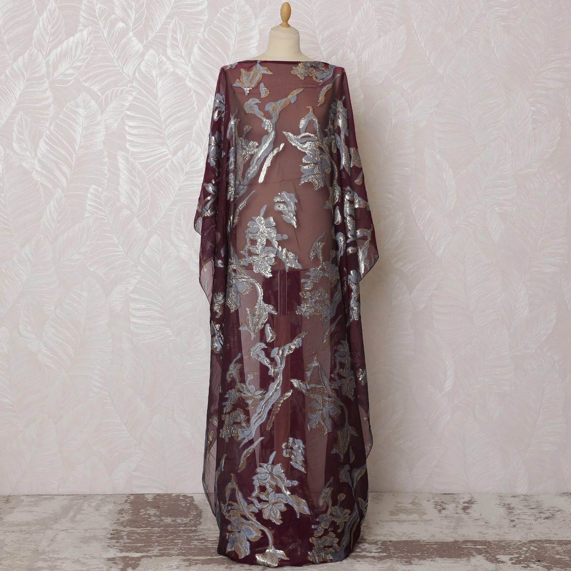 Rich Burgundy Floral French (Fransawi) Somali Dirac Silk Chiffon Fabric with Metallic Lurex, 140 cm Width-D19685