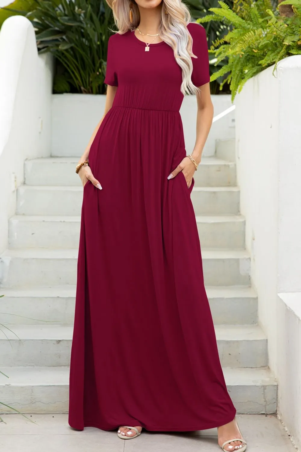 Round Neck Maxi Tee Dress with Pockets