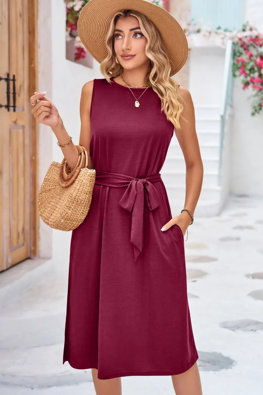 Round Neck Tie Belt Sleeveless Dress with Pockets