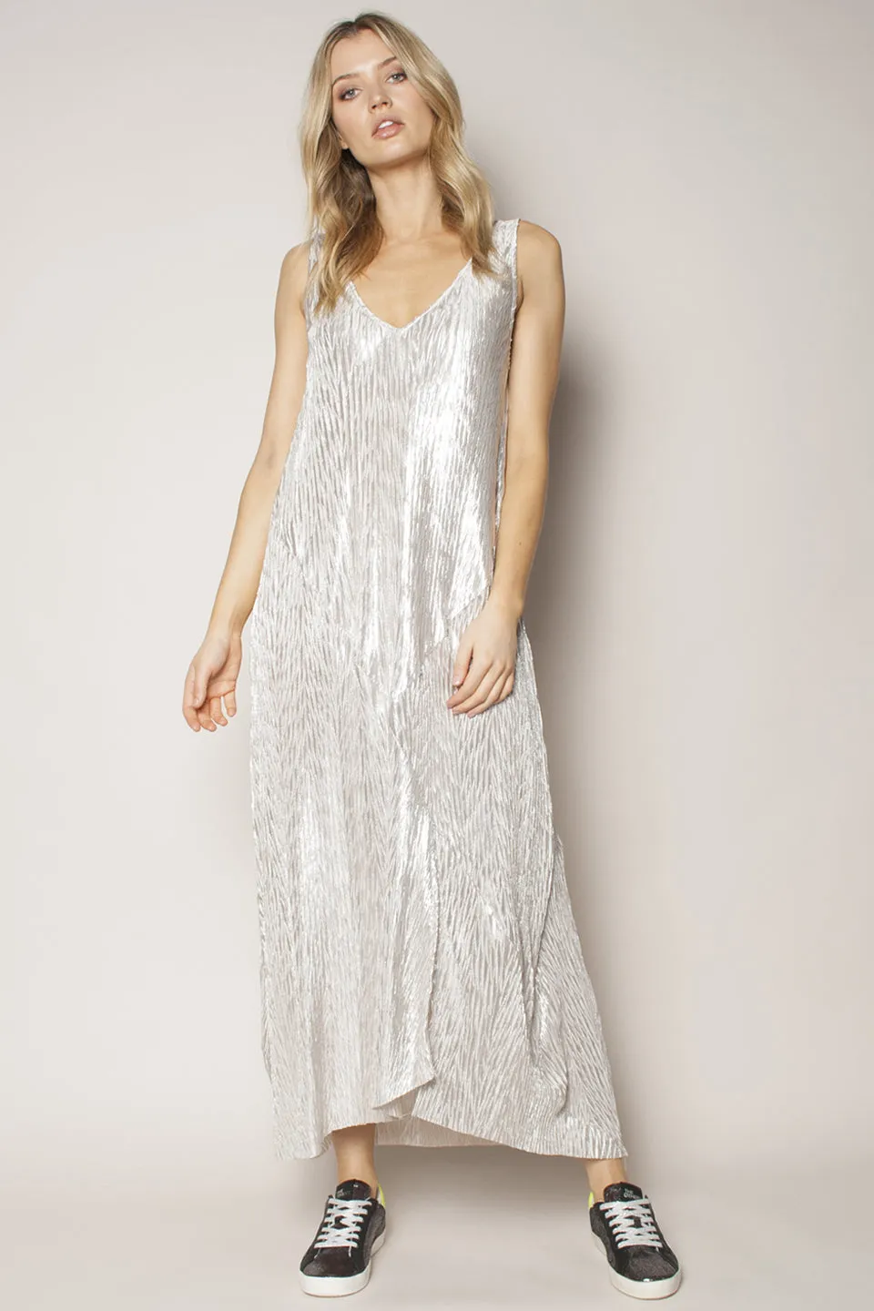 Shadow Metallic Strappy Pleated Silver Maxi Dress