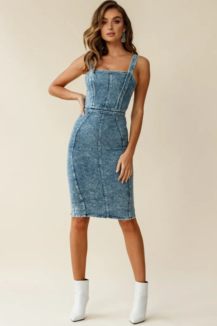 Shalom Structured Bodycon Midi Dress Washed Blue