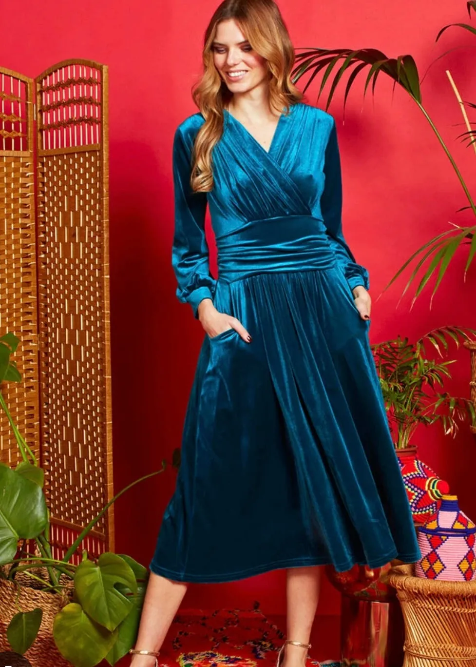 Sharon Midi Velvet Dress - Teal